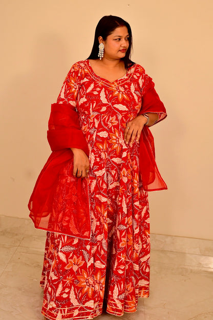 Gulnar Red Handblock Anarkali Set