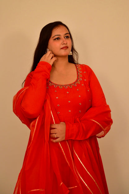 Maya Red Zardozi Cotton Silk Anarkali Set