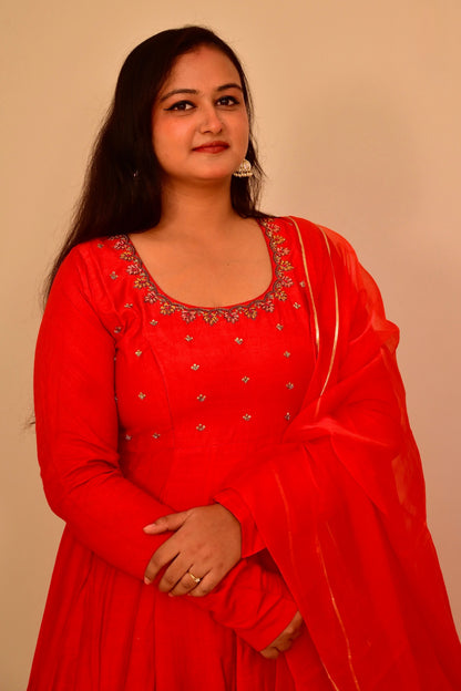 Maya Red Zardozi Cotton Silk Anarkali Set