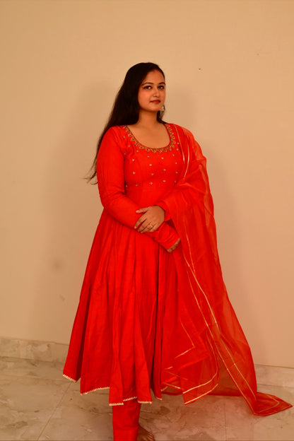 Maya Red Zardozi Cotton Silk Anarkali Set