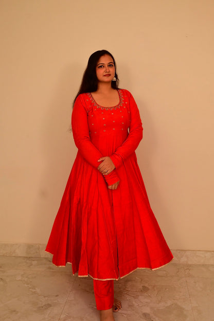 Maya Red Zardozi Cotton Silk Anarkali Set