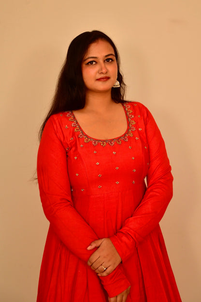 Maya Red Zardozi Cotton Silk Anarkali Set