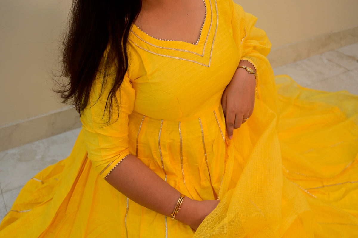 Mahira Yellow Handwoven Cotton Silk Anarkali Set