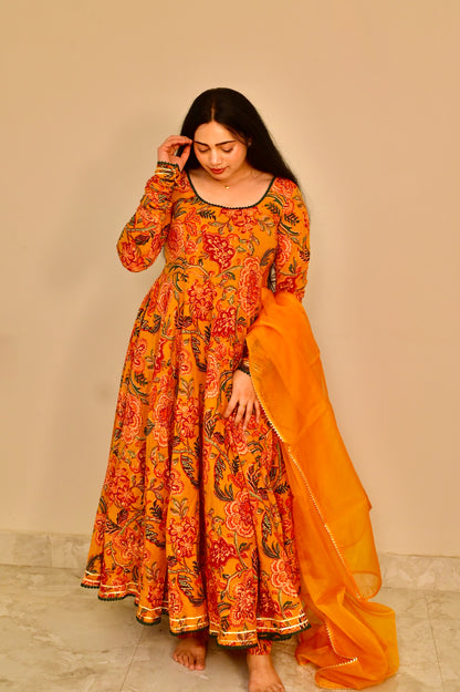 Mallika Mustard Handblock Anarkali Set