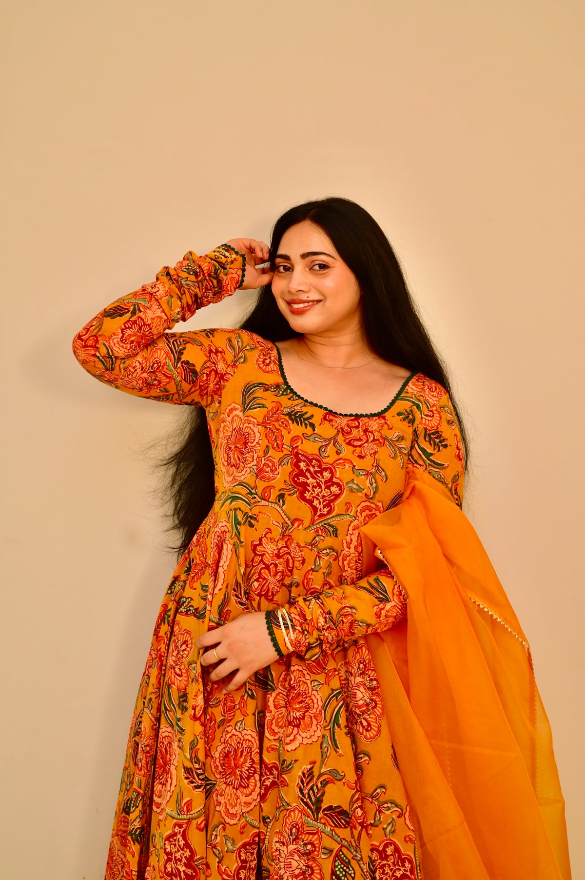 Mallika Mustard Handblock Anarkali Set