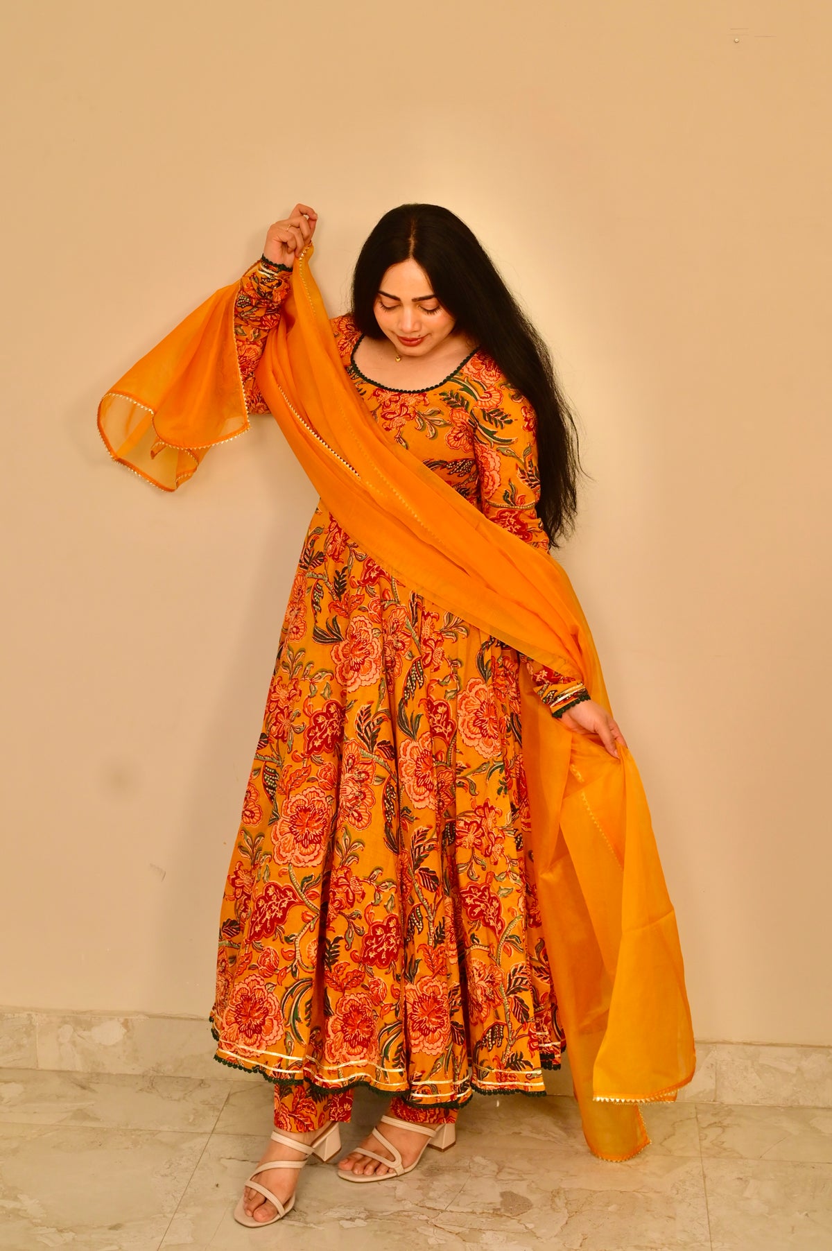 Mallika Mustard Handblock Anarkali Set