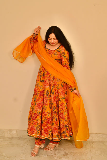 Mallika Mustard Handblock Anarkali Set