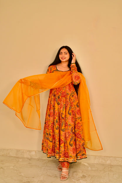 Mallika Mustard Handblock Anarkali Set