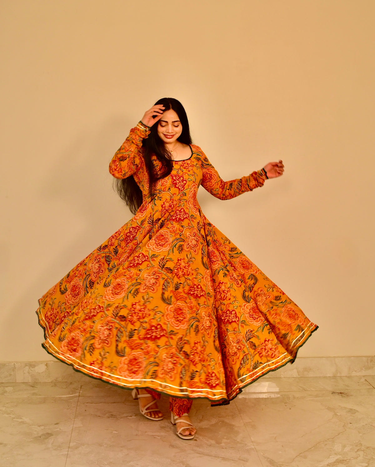 Mallika Mustard Handblock Anarkali Set