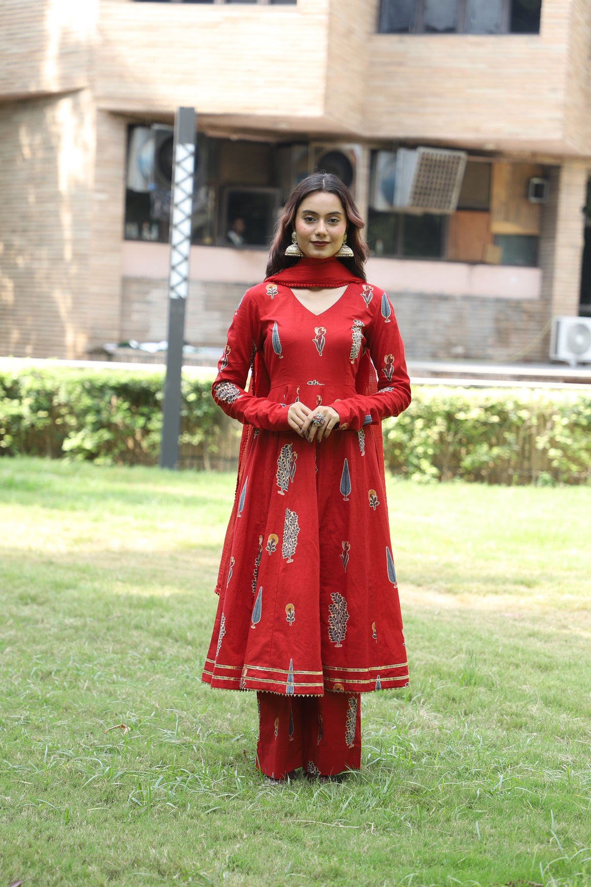 Ruby Red Handblock Anarkali Set