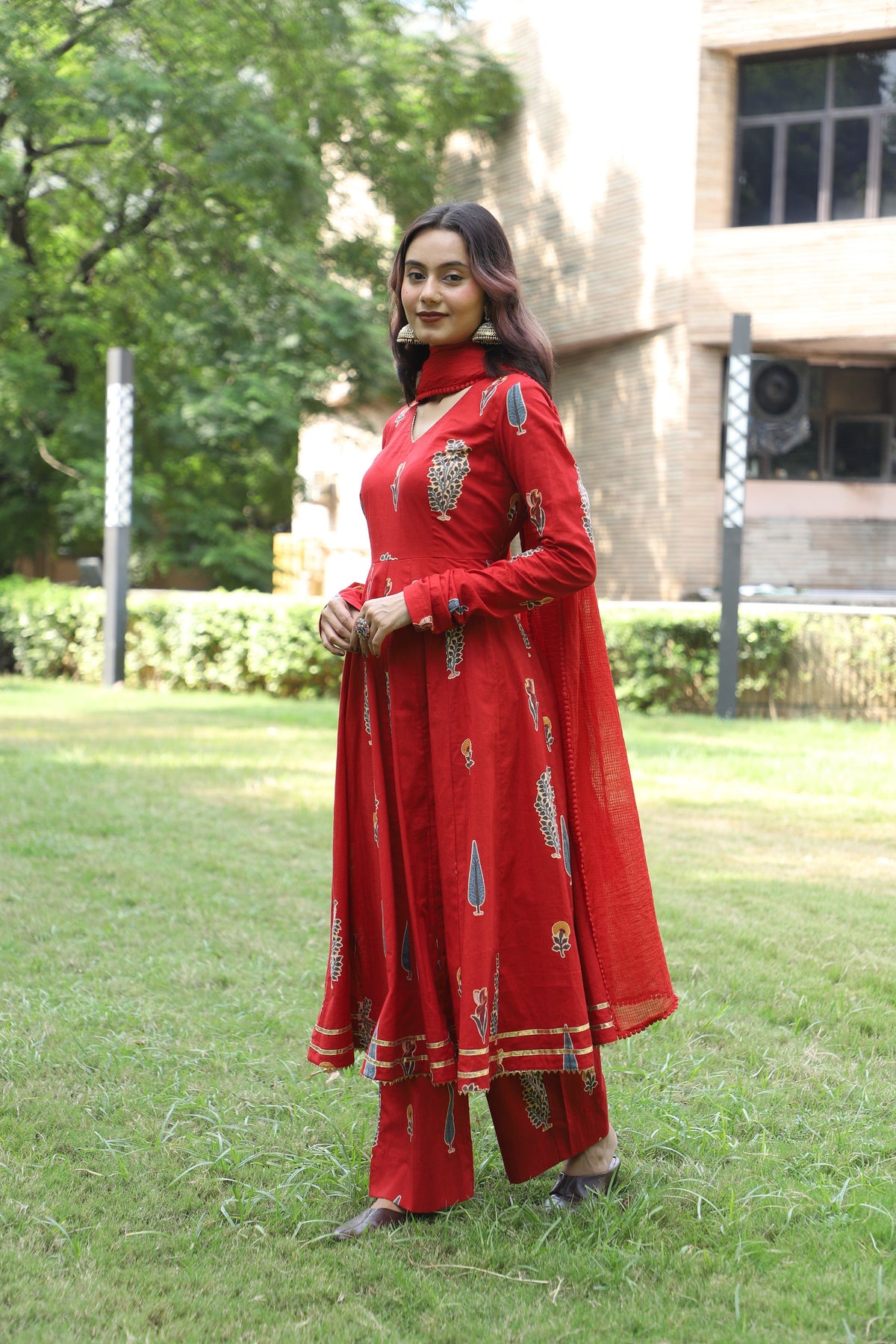 Ruby Red Handblock Anarkali Set