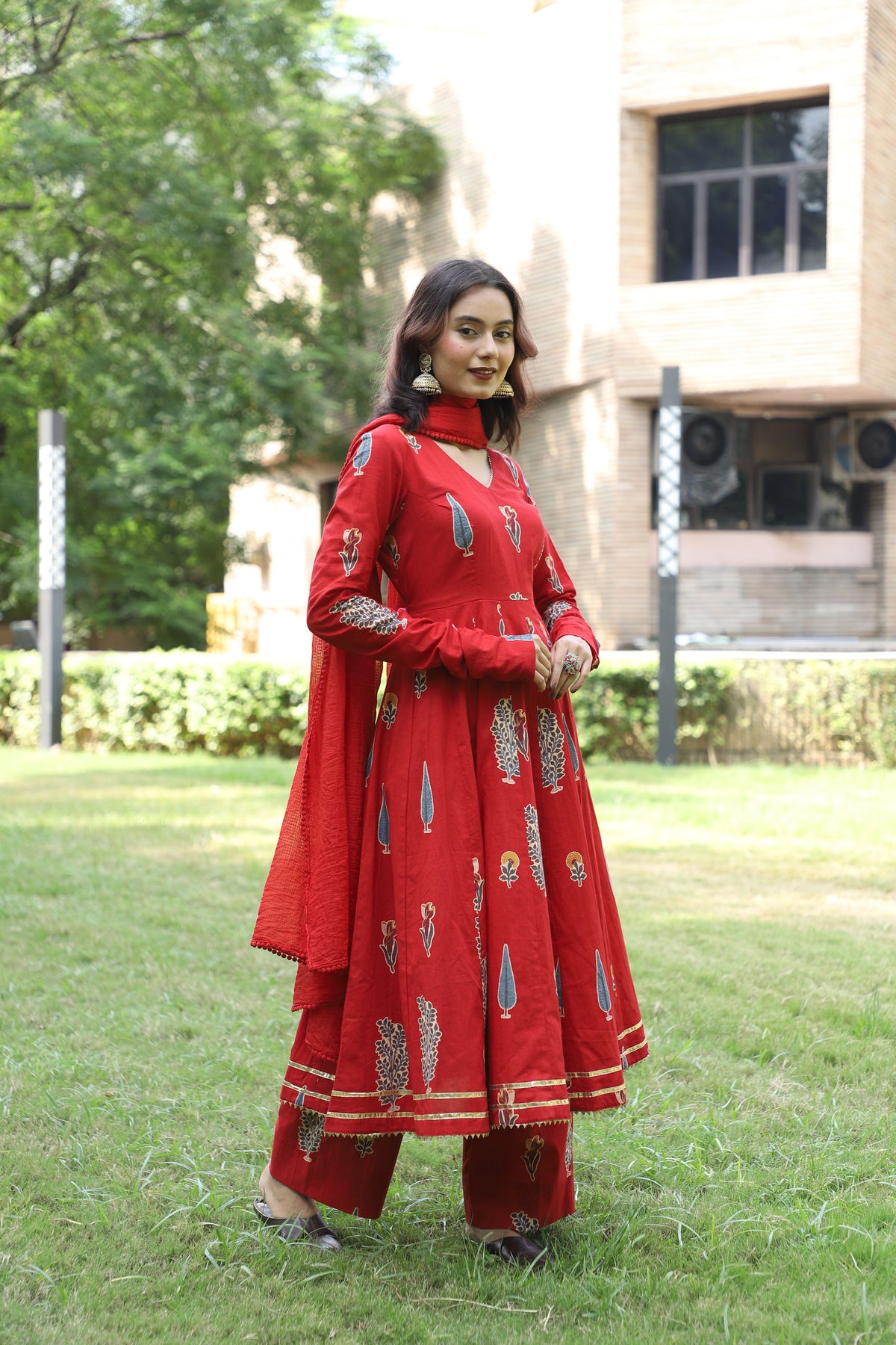 Ruby Red Handblock Anarkali Set