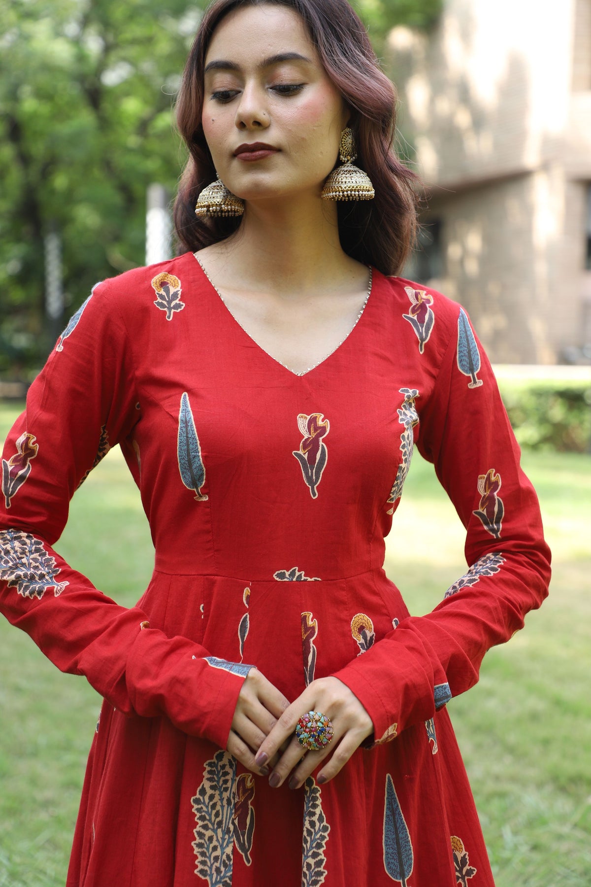 Ruby Red Handblock Anarkali Set