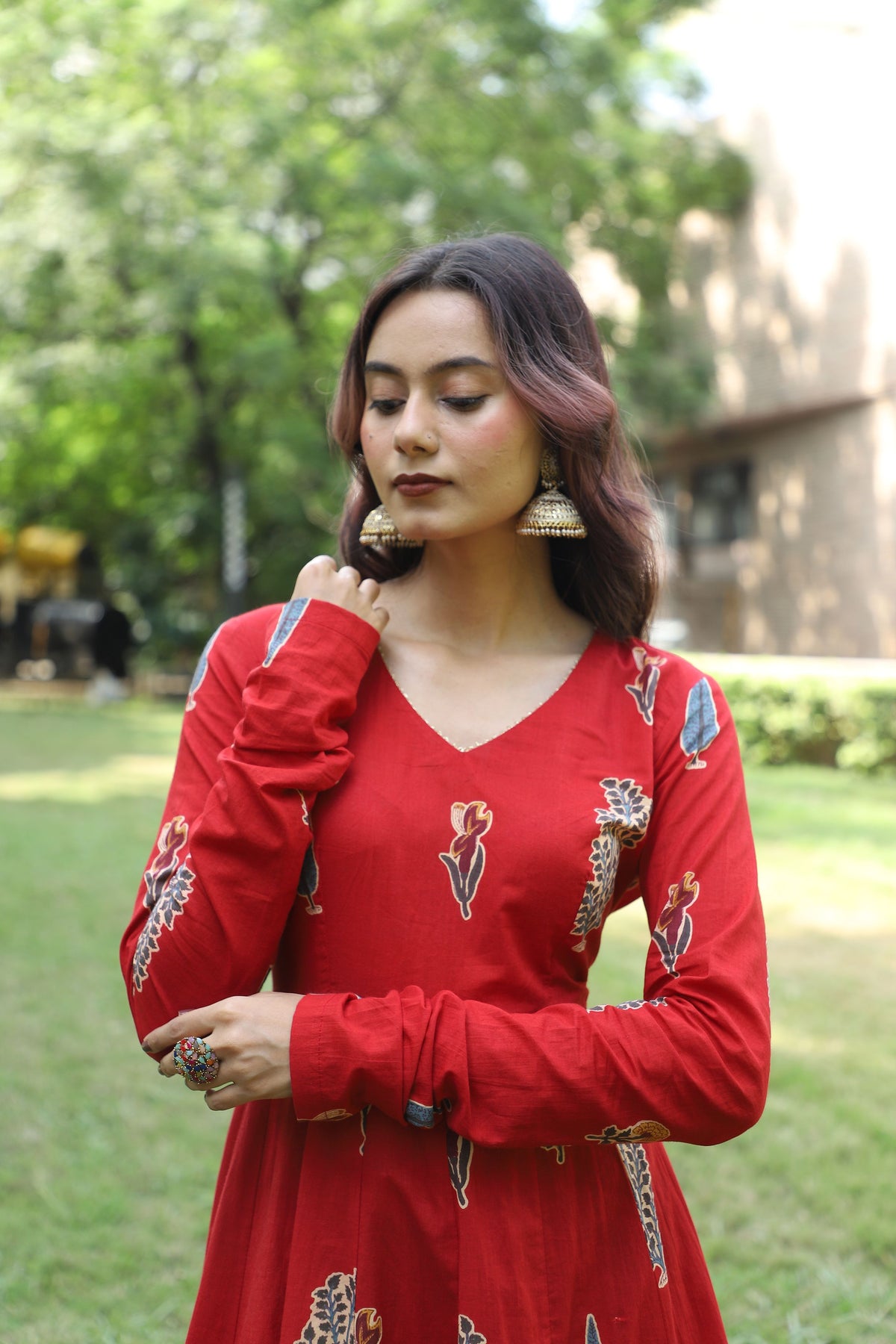 Ruby Red Handblock Anarkali Set