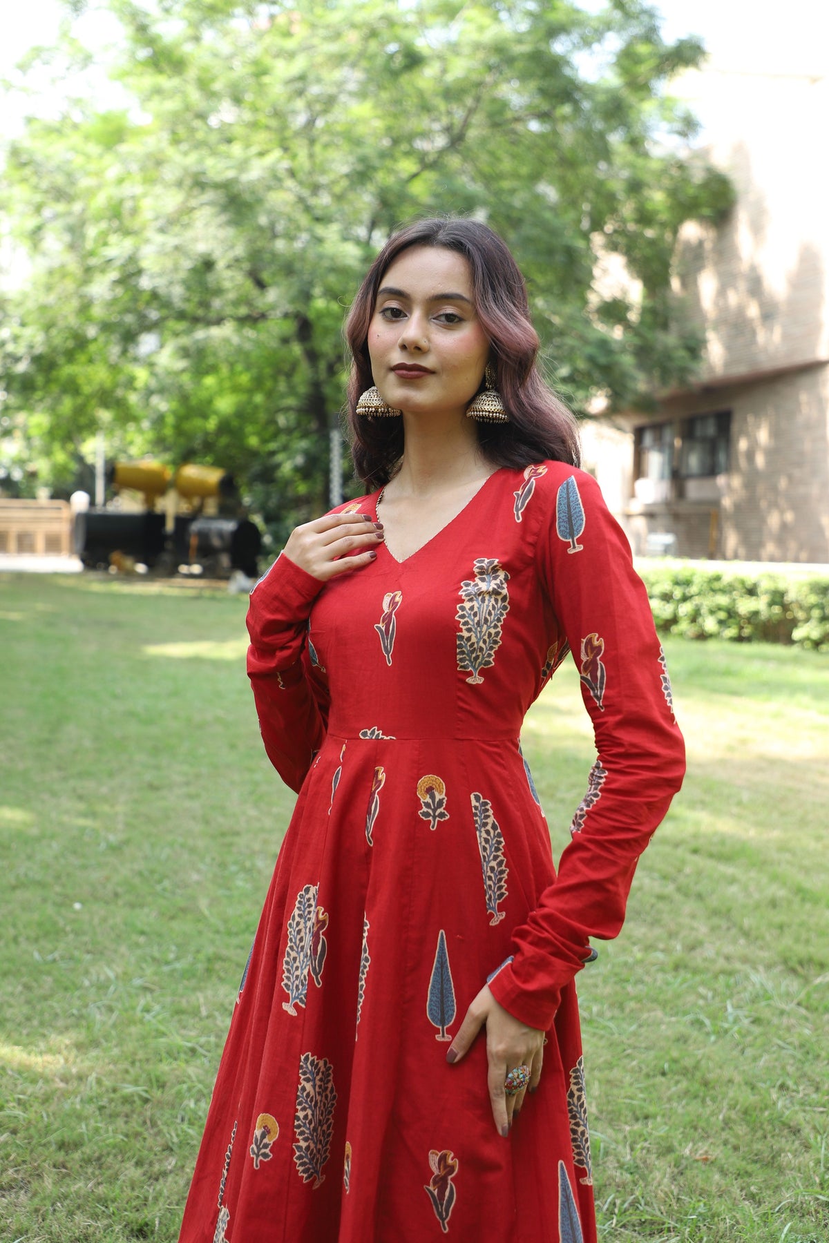 Ruby Red Handblock Anarkali Set