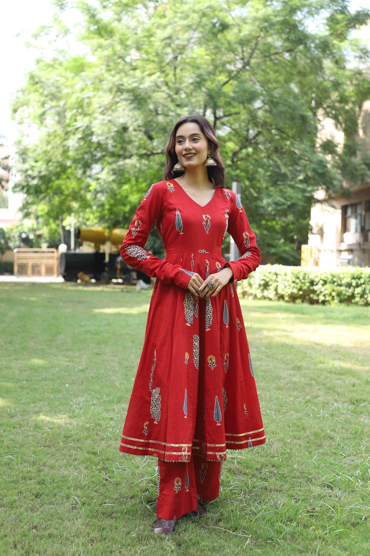 Ruby Red Handblock Anarkali Set