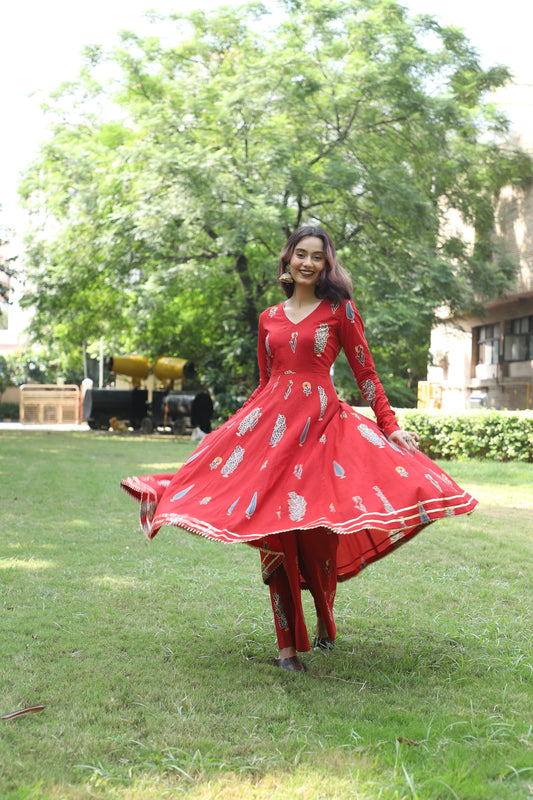 Ruby Red Handblock Anarkali Set