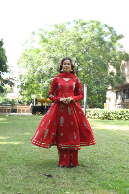 Ruby Red Handblock Anarkali Set