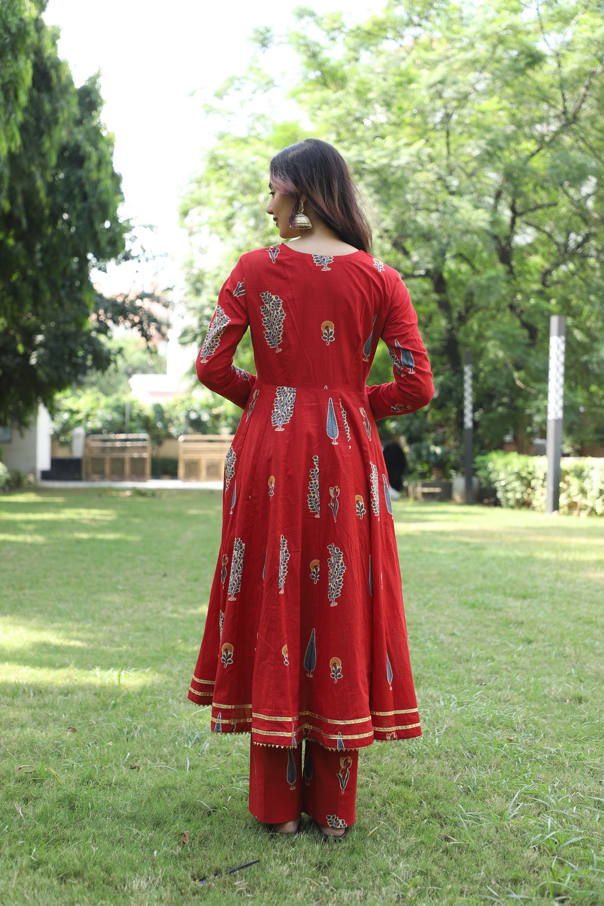 Ruby Red Handblock Anarkali Set