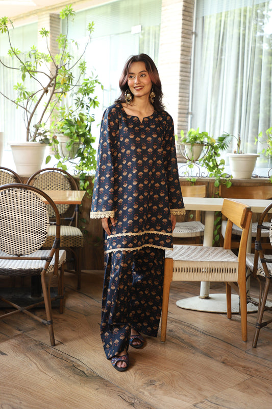 Falak Navy Handblock Farshi Set