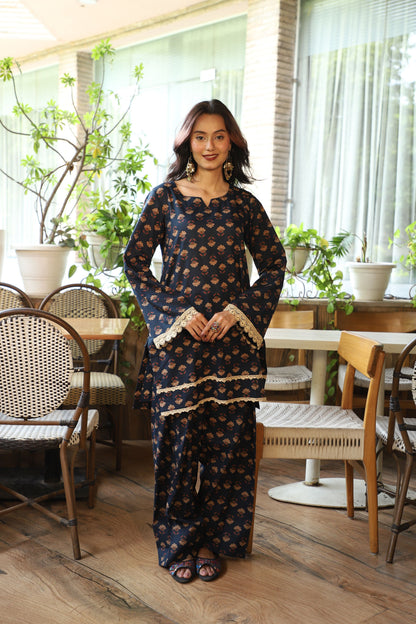 Falak Navy Handblock Farshi Set