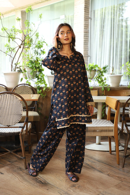 Falak Navy Handblock Farshi Set