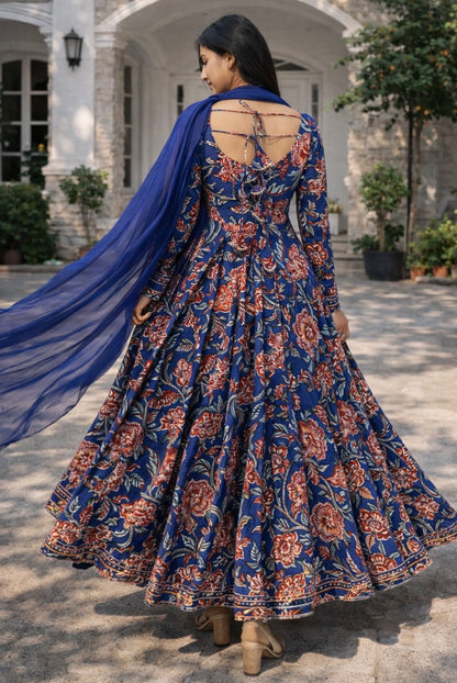 Elina Blue Handblock Anarkali Set