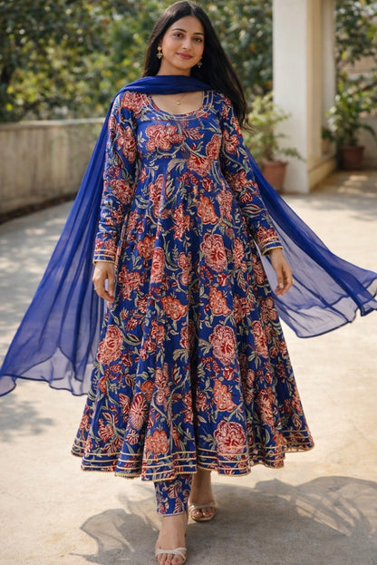 Elina Blue Handblock Anarkali Set