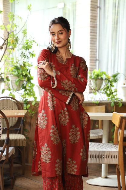 Aarna Maroon Handblock Kurta Co-ord Set