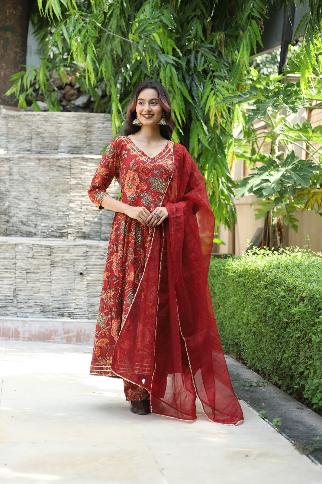 Meher Maroon Handblock Anarkali Set