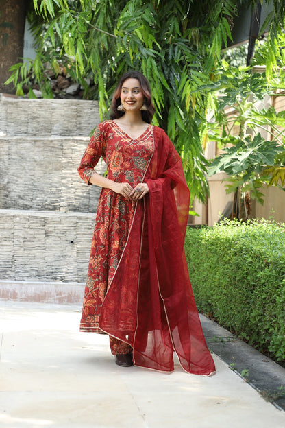 Meher Maroon Handblock Anarkali Set