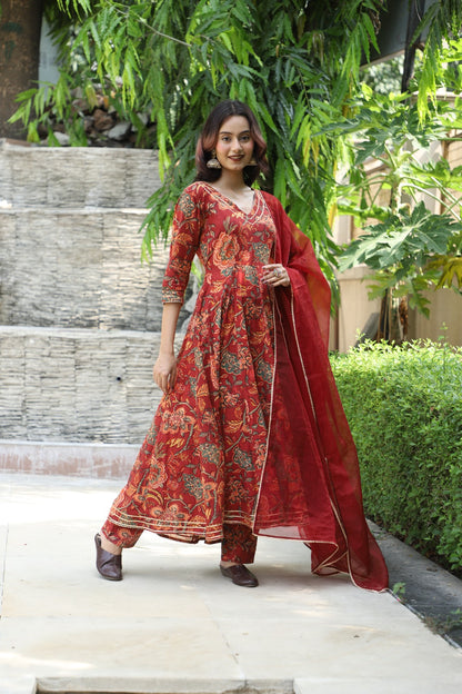 Meher Maroon Handblock Anarkali Set