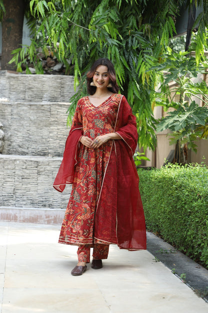 Meher Maroon Handblock Anarkali Set