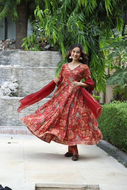 Meher Maroon Handblock Anarkali Set