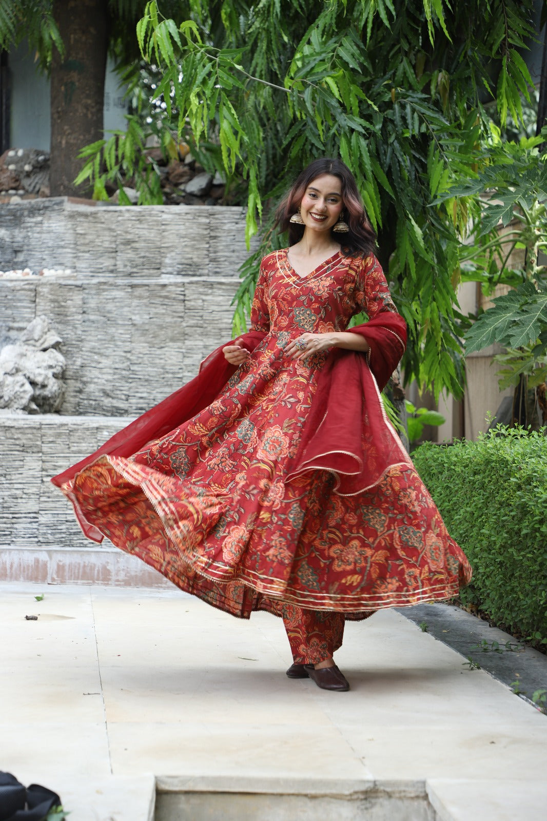 Meher Maroon Handblock Anarkali Set