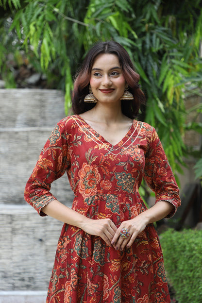 Meher Maroon Handblock Anarkali Set