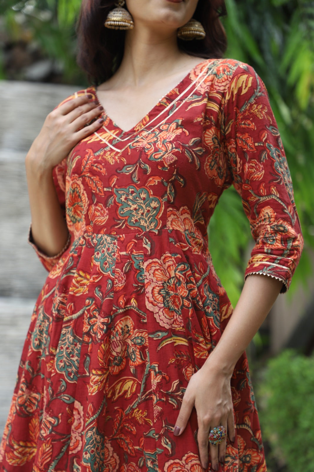 Meher Maroon Handblock Anarkali Set