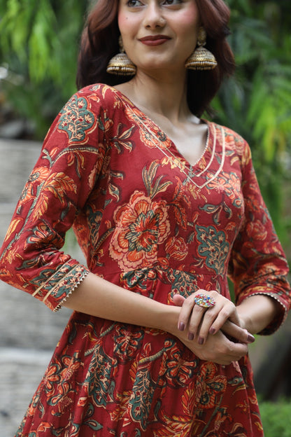 Meher Maroon Handblock Anarkali Set