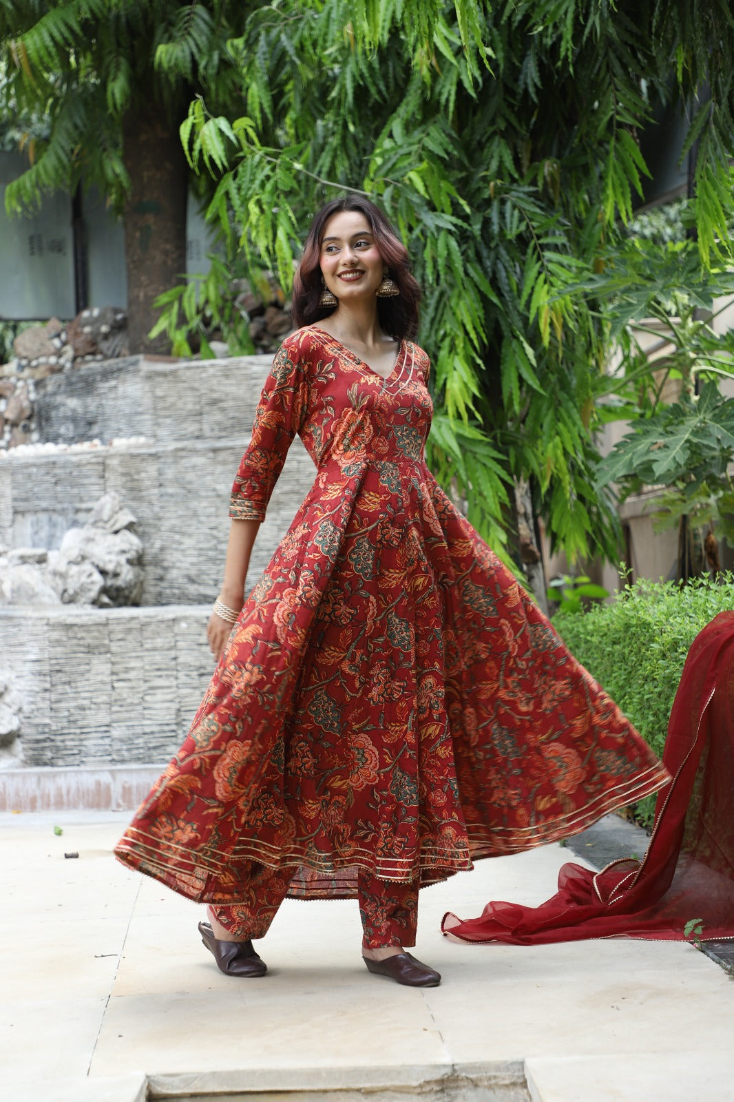Meher Maroon Handblock Anarkali Set