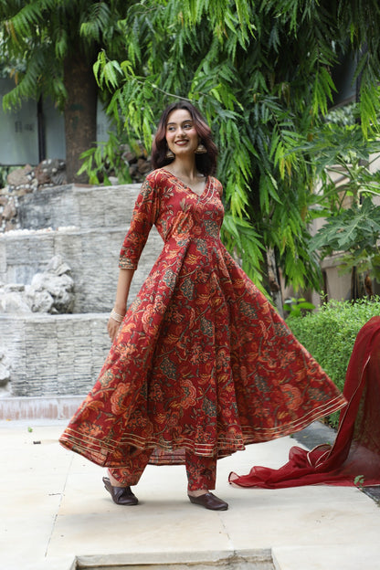 Meher Maroon Handblock Anarkali Set