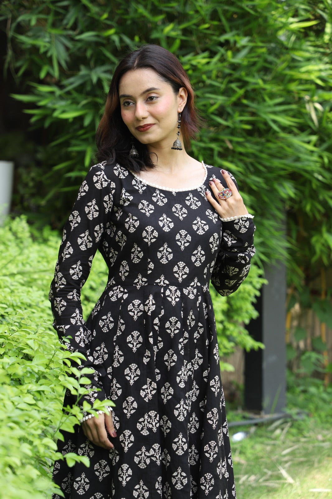 Tamra Black Handblock Anarkali Set