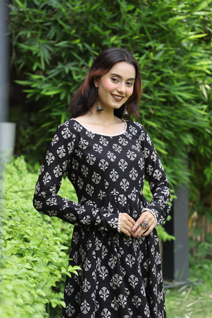 Tamra Black Handblock Anarkali Set