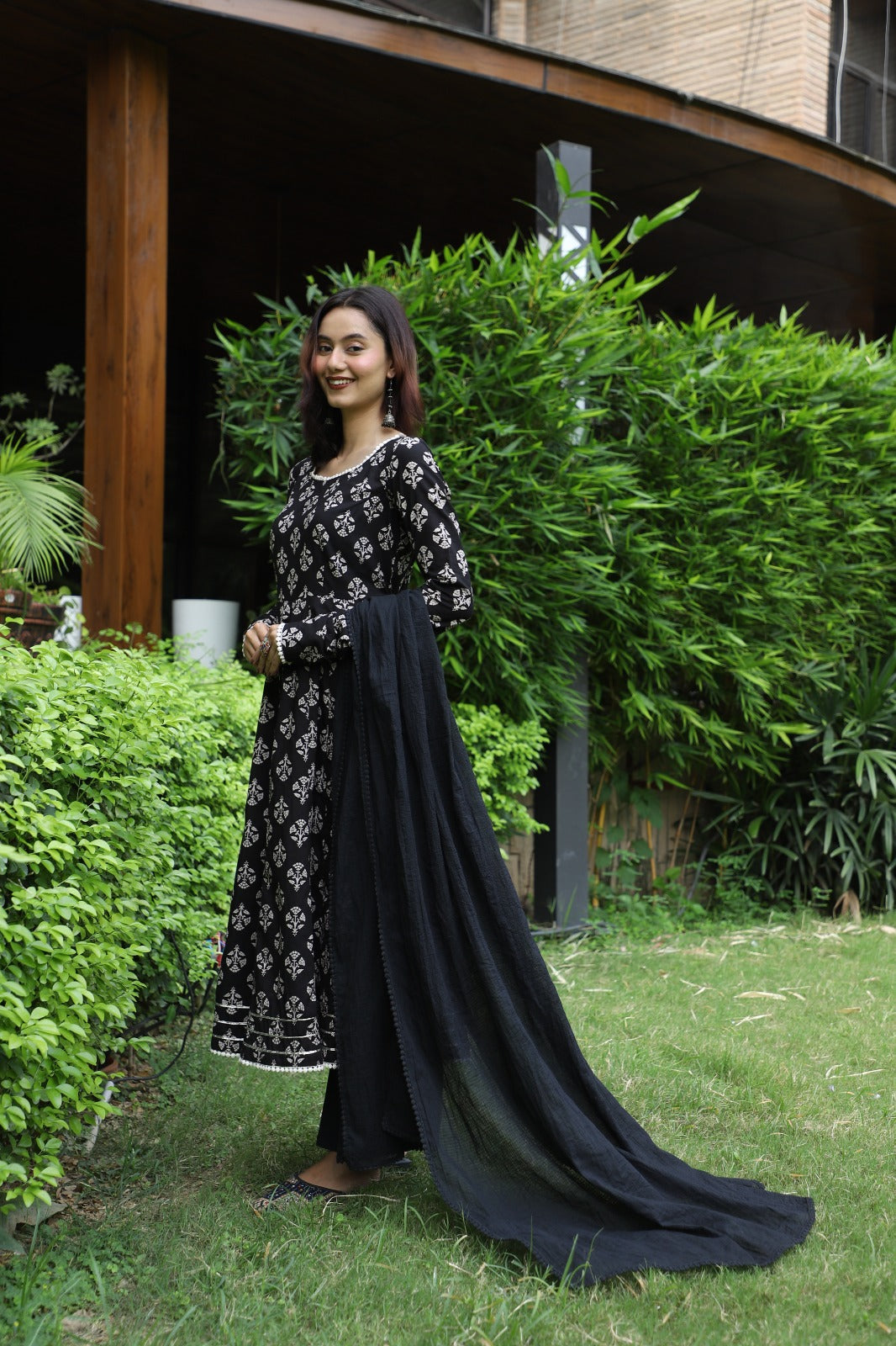 Tamra Black Handblock Anarkali Set
