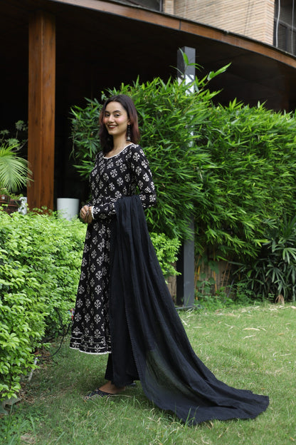 Tamra Black Handblock Anarkali Set