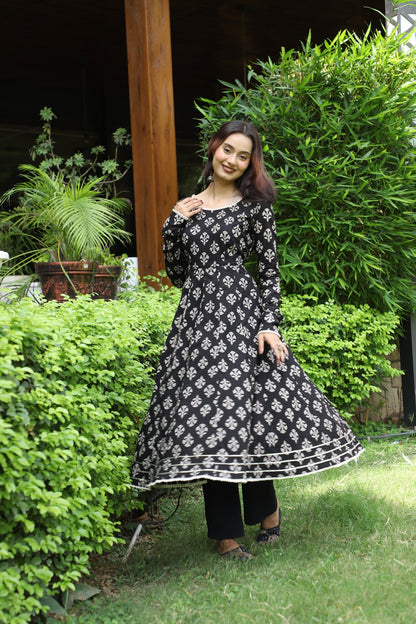 Tamra Black Handblock Anarkali Set