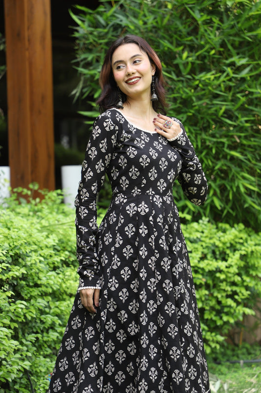 Tamra Black Handblock Anarkali Set