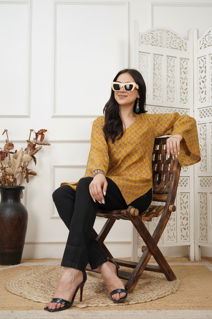 Helia Yellow Handblock Short Kurti