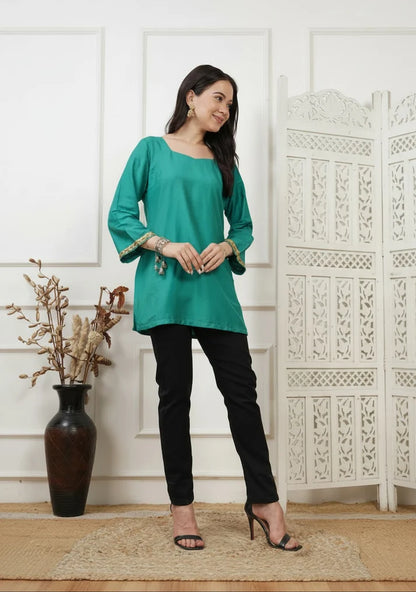Aria Teal Handwoven Cotton Silk Short Kurti