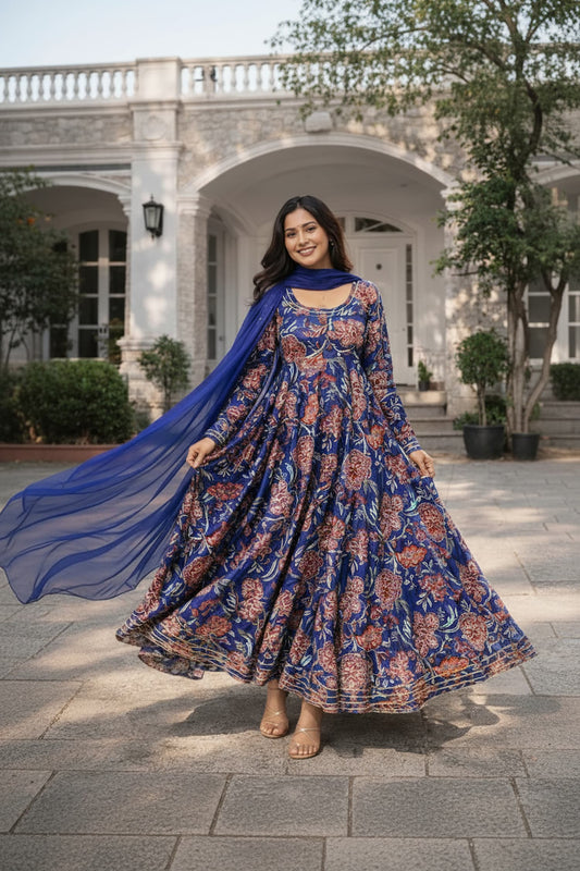 Elina Blue Handblock Anarkali Set