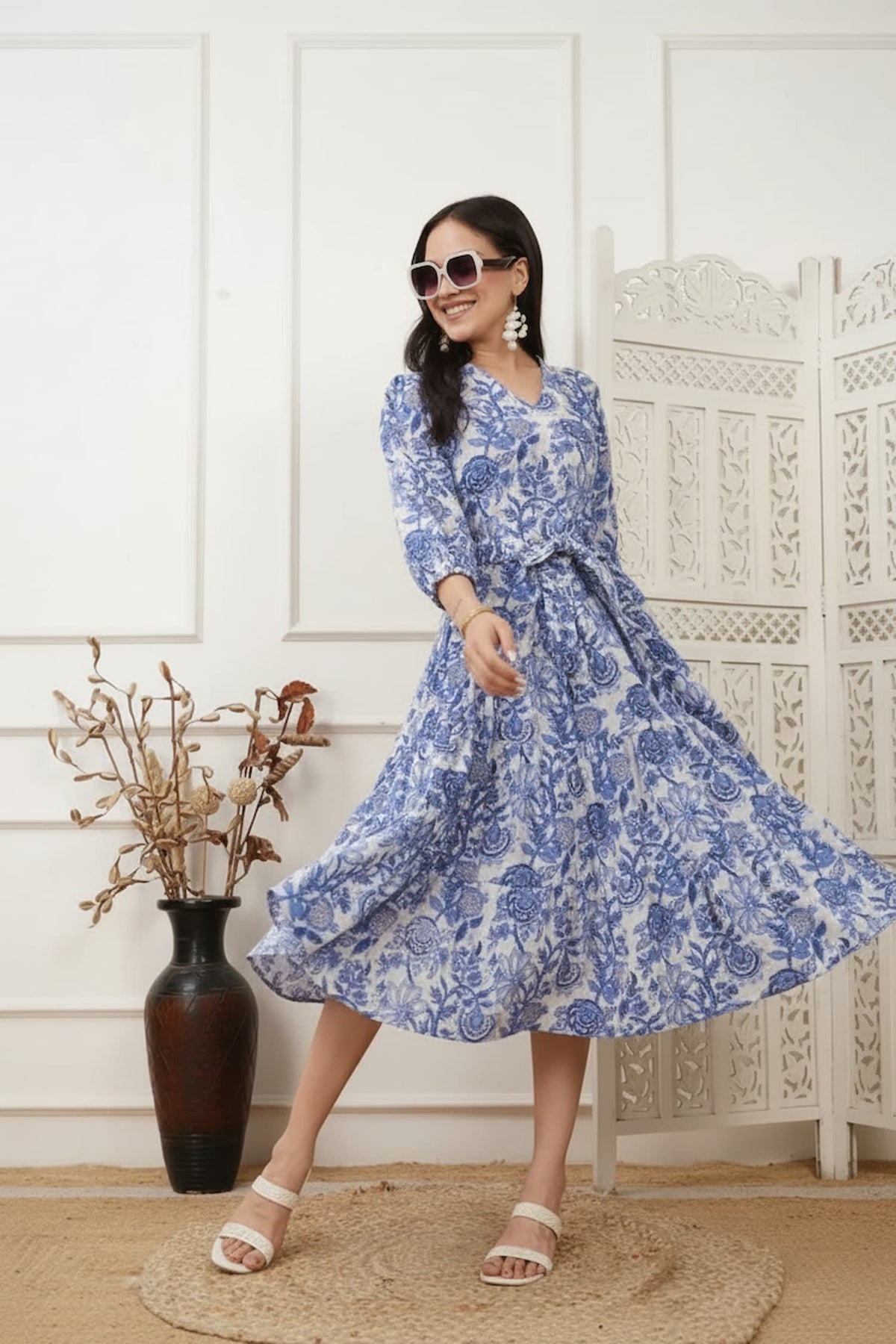 Aurora Blue Handblock Long Dress